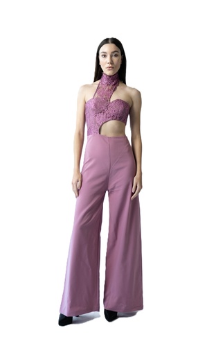 Mauve Elegance French Lace Halter Jumpsuit