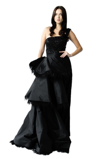 One-Shoulder Jumpsuit with Detached Feathered Satin Skirt